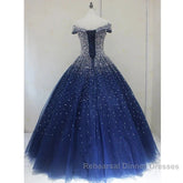 Blue Sparkle Off Shoulder Ball Party Dress Handmade Beaded Party Dress Elegant Semi Formal Prom Dress Evening Dress